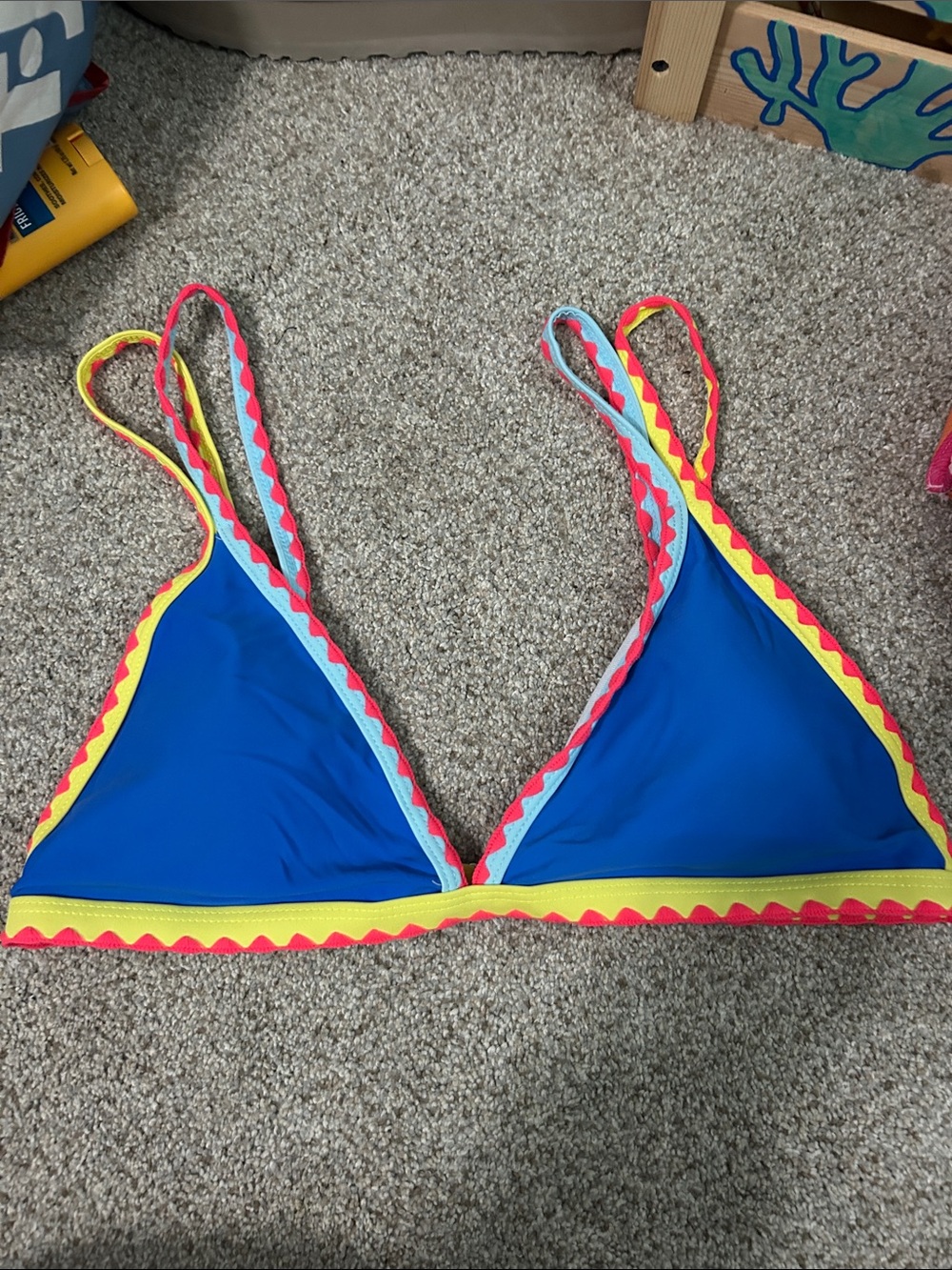 SHEIN Blue Bikini Top with Yellow and Pink Trim